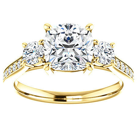 Cushion Three-Stone Moissanite Cathedral Engagement Ring