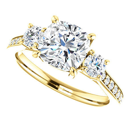 Cushion Three-Stone Moissanite Cathedral Engagement Ring