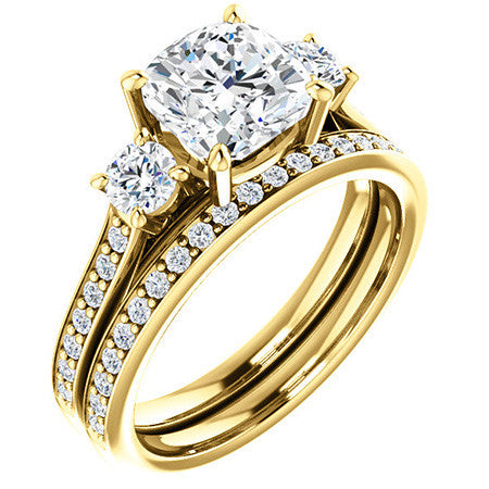 Cushion Three-Stone Moissanite Cathedral Engagement Ring