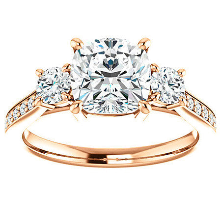 Cushion Three-Stone Moissanite Cathedral Engagement Ring