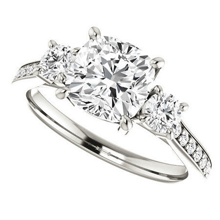 Cushion Three-Stone Moissanite Cathedral Engagement Ring