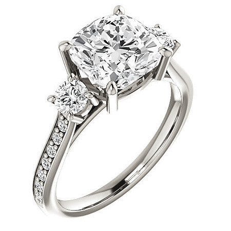 Cushion Three-Stone Moissanite Cathedral Engagement Ring