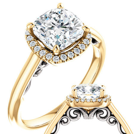Cushion Moissanite Scroll Halo Engagement Ring