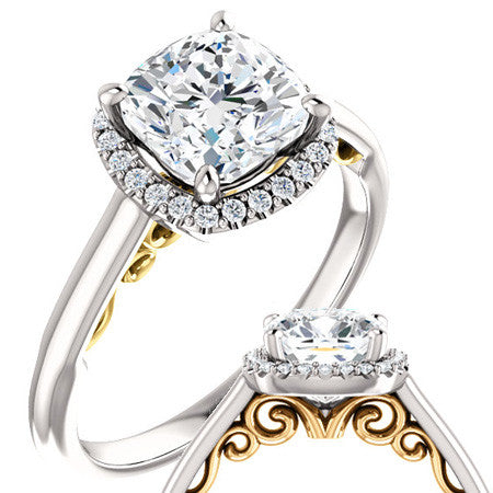 Cushion Moissanite Scroll Halo Engagement Ring