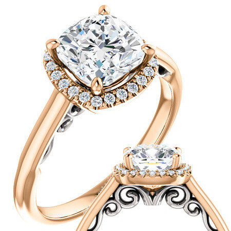 Cushion Moissanite Scroll Halo Engagement Ring