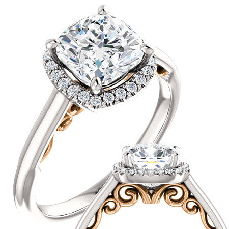 Cushion Moissanite Scroll Halo Engagement Ring