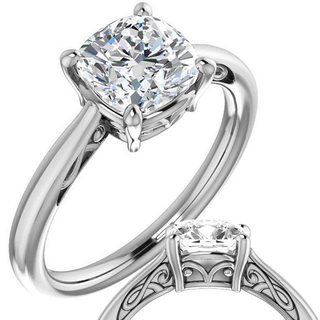 Cushion Moissanite Scroll Accented Solitaire Ring