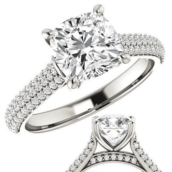 Cushion Moissanite Pave Cathedral Engagement Ring