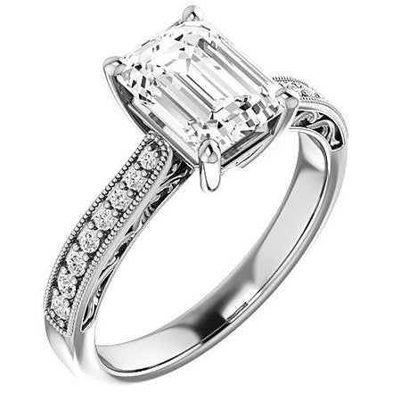 Emerald / Radiant cut Engraved Engagement Ring with Milgrain