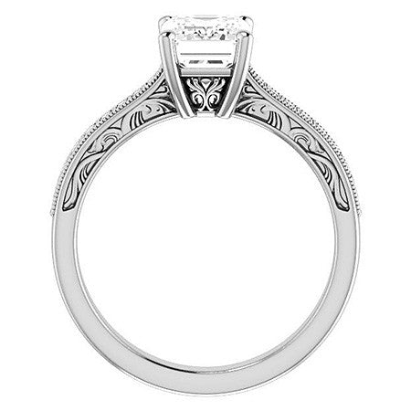 Emerald / Radiant cut Engraved Engagement Ring with Milgrain