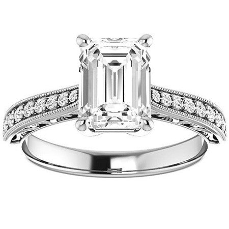 Emerald / Radiant cut Engraved Engagement Ring with Milgrain