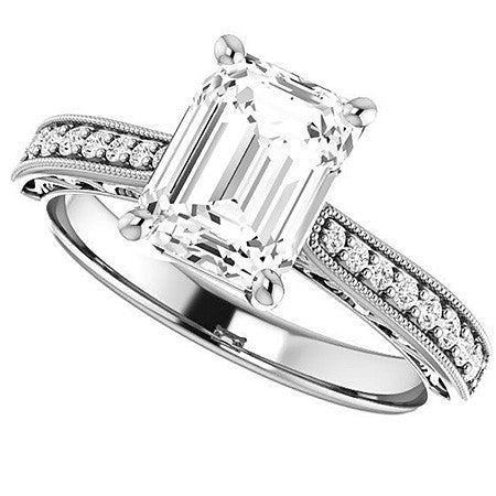 Emerald / Radiant cut Engraved Engagement Ring with Milgrain