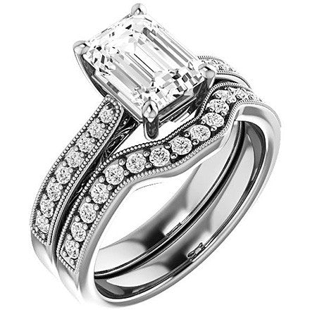 Emerald / Radiant cut Engraved Engagement Ring with Milgrain