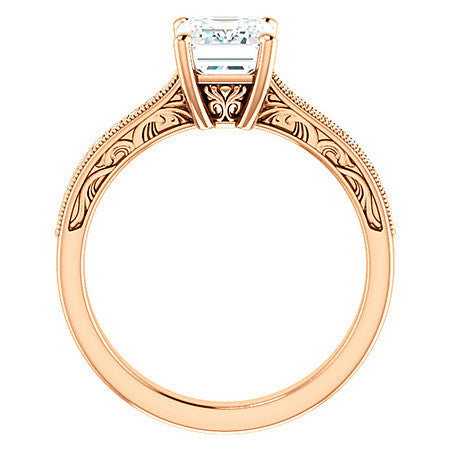 Emerald / Radiant cut Engraved Engagement Ring with Milgrain