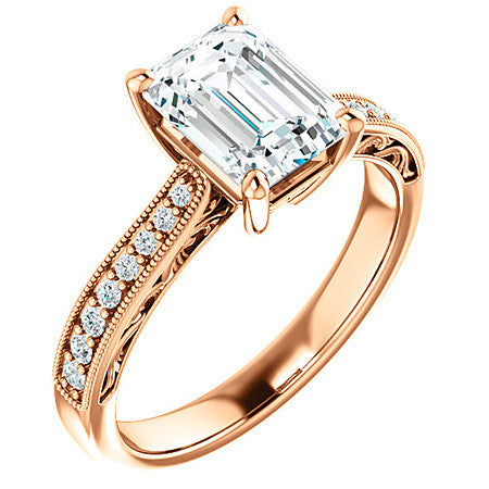 Emerald / Radiant cut Engraved Engagement Ring with Milgrain