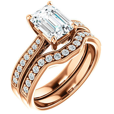 Emerald / Radiant cut Engraved Engagement Ring with Milgrain