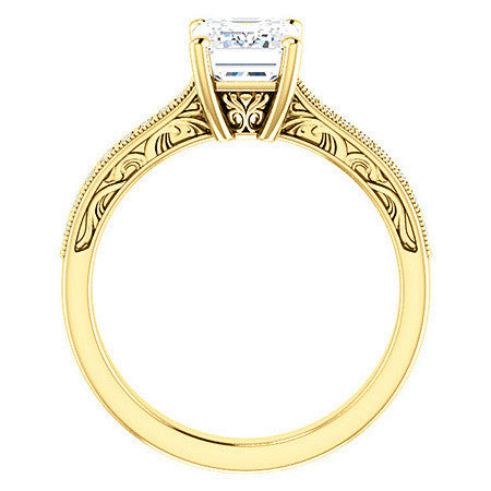 Emerald / Radiant cut Engraved Engagement Ring with Milgrain