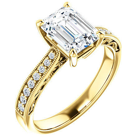 Emerald / Radiant cut Engraved Engagement Ring with Milgrain