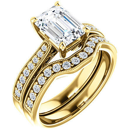 Emerald / Radiant cut Engraved Engagement Ring with Milgrain