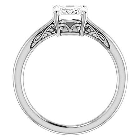 Emerald / Radiant cut Scroll Solitaire Ring