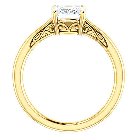 Emerald / Radiant cut Scroll Solitaire Ring