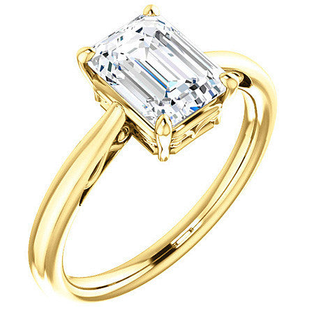 Emerald / Radiant cut Scroll Solitaire Ring