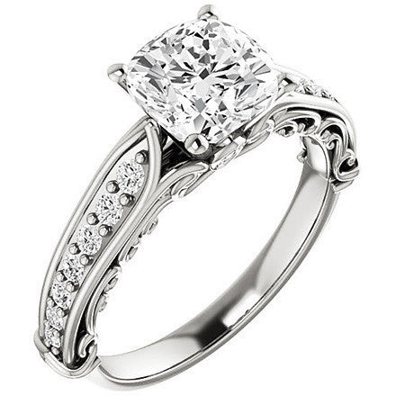Cushion Moissanite Designer Inspired Scroll Engagement Ring