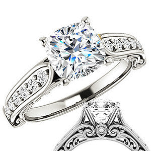Cushion Moissanite Designer Inspired Scroll Engagement Ring
