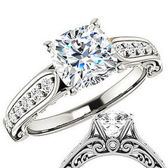 Cushion Moissanite Designer Inspired Scroll Engagement Ring