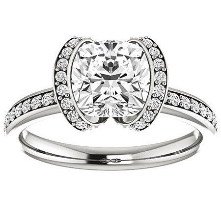 Cushion Moissanite & Diamond Ribbon Semi Bezel Ring