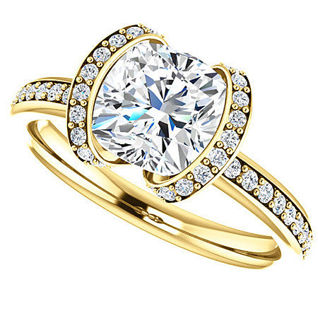 Cushion Moissanite & Diamond Ribbon Semi Bezel Ring