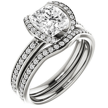 Cushion Moissanite & Diamond Ribbon Semi Bezel Ring