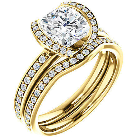 Cushion Moissanite & Diamond Ribbon Semi Bezel Ring