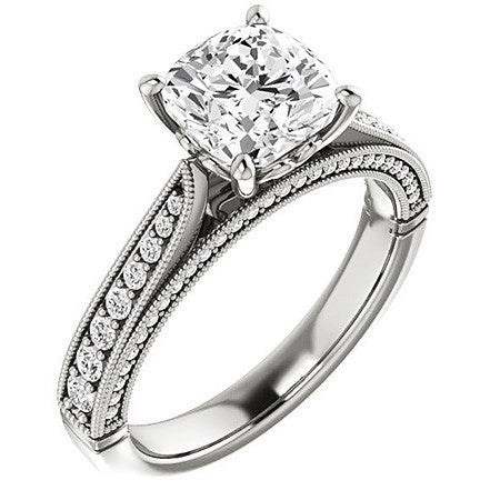 Cushion Moissanite Scroll Milgrain Engagement Ring