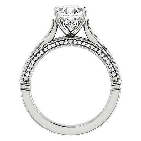 Cushion Moissanite Scroll Milgrain Engagement Ring