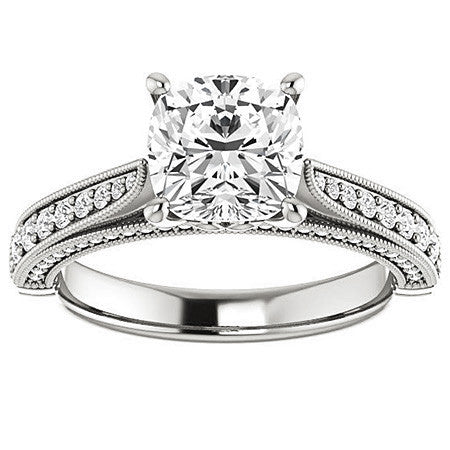 Cushion Moissanite Scroll Milgrain Engagement Ring