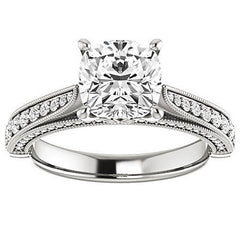 Cushion Moissanite Scroll Milgrain Engagement Ring