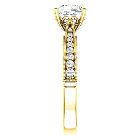 Cushion Moissanite Scroll Milgrain Engagement Ring