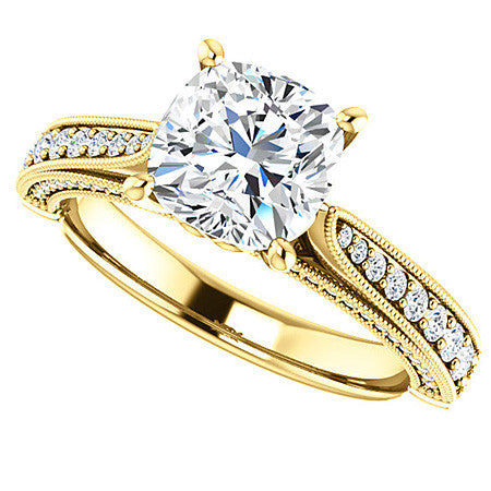 Cushion Moissanite Scroll Milgrain Engagement Ring