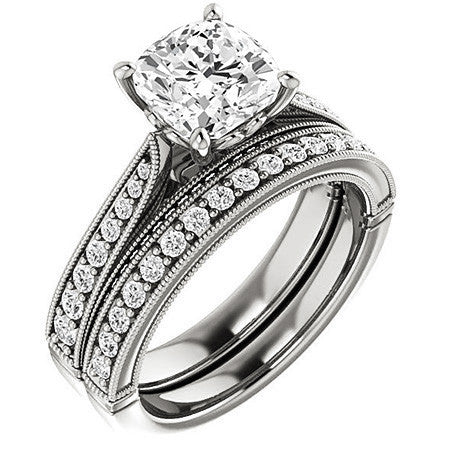 Cushion Moissanite Scroll Milgrain Engagement Ring