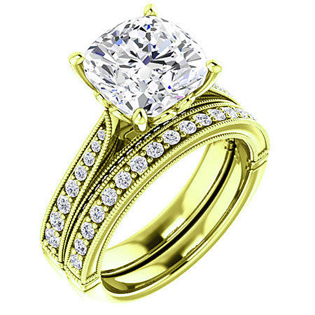 Cushion Moissanite Scroll Milgrain Engagement Ring