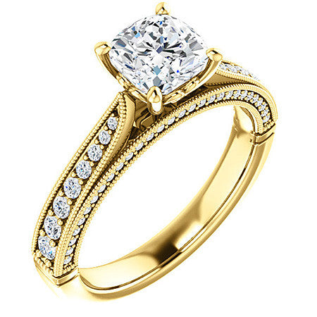 Cushion Moissanite Scroll Milgrain Engagement Ring