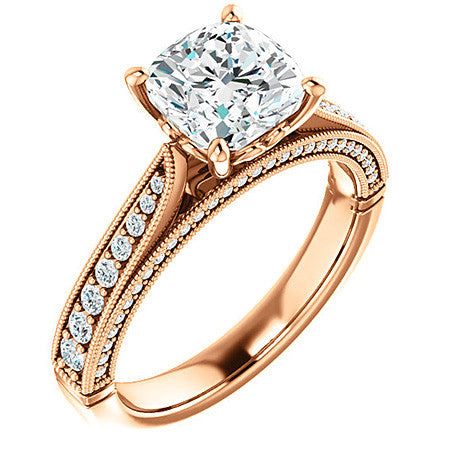 Cushion Moissanite Scroll Milgrain Engagement Ring