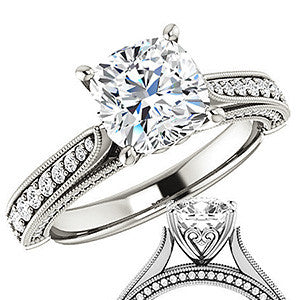 Cushion Moissanite Scroll Milgrain Engagement Ring