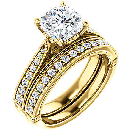 Cushion Moissanite Scroll Milgrain Engagement Ring
