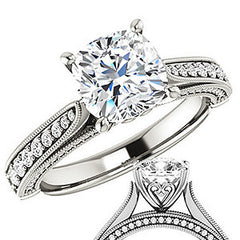 Cushion Moissanite Scroll Milgrain Engagement Ring