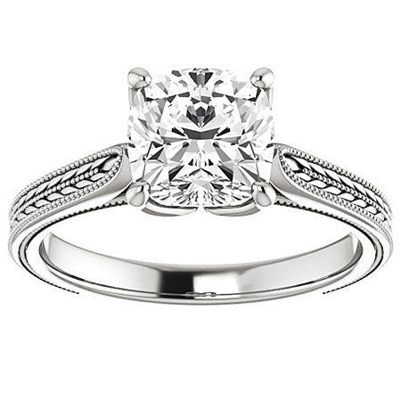 Cushion Vintage-Style Engraved Solitaire Ring with Tulip Prongs