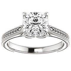 Cushion Vintage-Style Engraved Solitaire Ring with Tulip Prongs