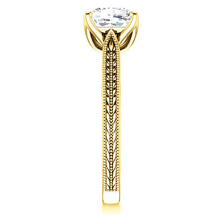 Cushion Vintage-Style Engraved Solitaire Ring with Tulip Prongs