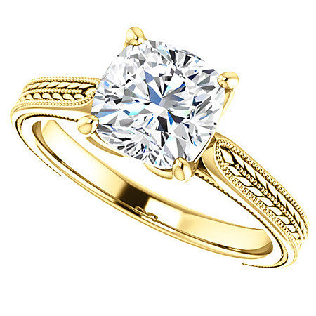 Cushion Vintage-Style Engraved Solitaire Ring with Tulip Prongs